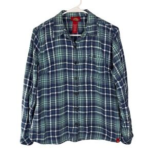 Dickies Womens Blue Teal Plaid Flannel Button Down Shirt Size L Cotton